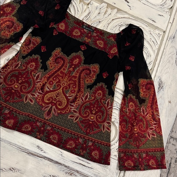 INC Boho chic peasant blouse Top Womens L sheer puff sleeves square neckline - Picture 2 of 10